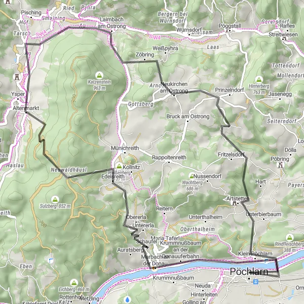 Miniature de la carte de l'inspiration cycliste "Les châteaux et les vignobles" dans la Niederösterreich, Austria. Générée par le planificateur d'itinéraire cycliste Tarmacs.app