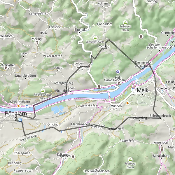 Miniatua del mapa de inspiración ciclista "Ruta corta y panorámica en Pöchlarn" en Niederösterreich, Austria. Generado por Tarmacs.app planificador de rutas ciclistas