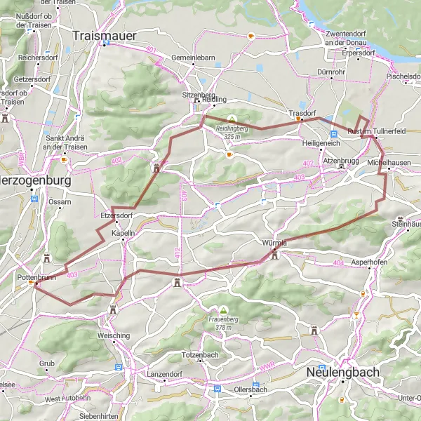 Zemljevid v pomanjšavi "Raznolika kolesarska pot iz Pottenbrunna" kolesarske inspiracije v Niederösterreich, Austria. Generirano z načrtovalcem kolesarskih poti Tarmacs.app