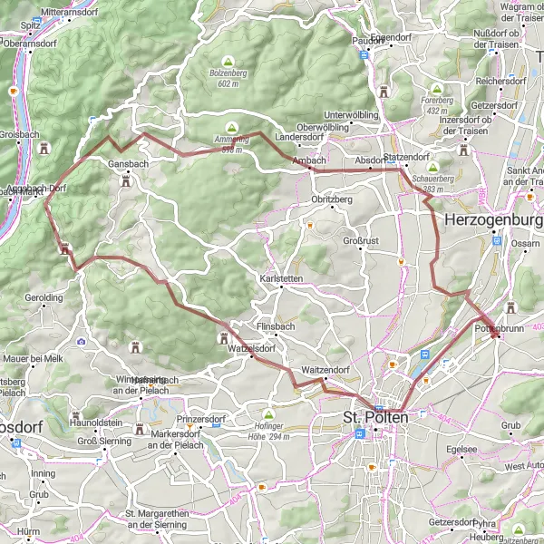 Miniatura mapy "Trasa gravelowa od Pottenbrunn do Wasserschloss Pottenbrunn" - trasy rowerowej w Niederösterreich, Austria. Wygenerowane przez planer tras rowerowych Tarmacs.app