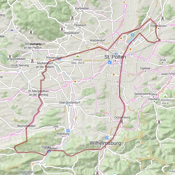 Map miniature of "Pottenbrunn Gravel Adventure" cycling inspiration in Niederösterreich, Austria. Generated by Tarmacs.app cycling route planner