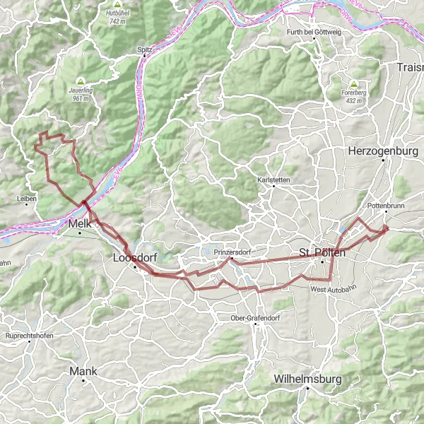 Map miniature of "Flederhaus - Prinzersdorf - Loosdorf - Riedholz - Weißenstein - Burgruine Gossam - Winkel - Völlerndorf - Klangturm Gravel Route" cycling inspiration in Niederösterreich, Austria. Generated by Tarmacs.app cycling route planner