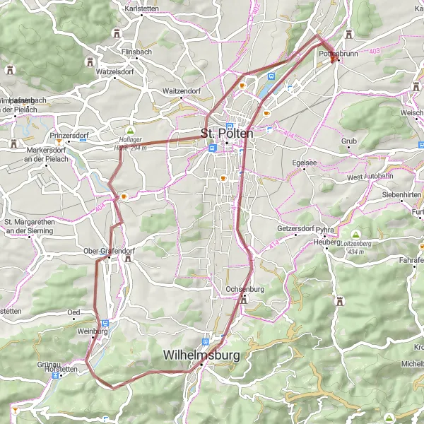 Map miniature of "Pottenbrunn Gravel Loop" cycling inspiration in Niederösterreich, Austria. Generated by Tarmacs.app cycling route planner