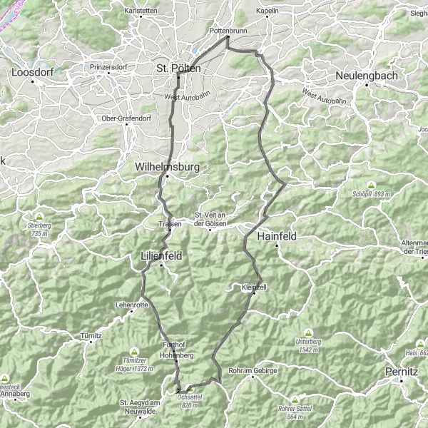 Miniatura mapy "Trasa Rowerowa Pottenbrunn - St. Pölten" - trasy rowerowej w Niederösterreich, Austria. Wygenerowane przez planer tras rowerowych Tarmacs.app