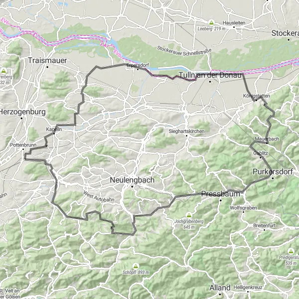 Map miniature of "The Danube Explorer" cycling inspiration in Niederösterreich, Austria. Generated by Tarmacs.app cycling route planner