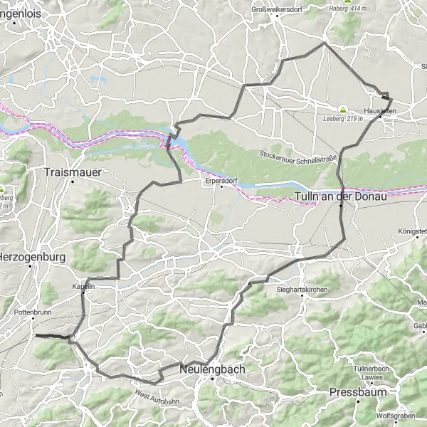 Zemljevid v pomanjšavi "Dolga cestna kolesarska tura skozi Altenwörth" kolesarske inspiracije v Niederösterreich, Austria. Generirano z načrtovalcem kolesarskih poti Tarmacs.app