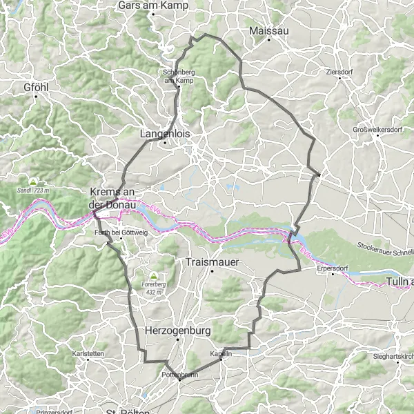 Miniatuurkaart van de fietsinspiratie "Langenlois Explorer" in Niederösterreich, Austria. Gemaakt door de Tarmacs.app fietsrouteplanner