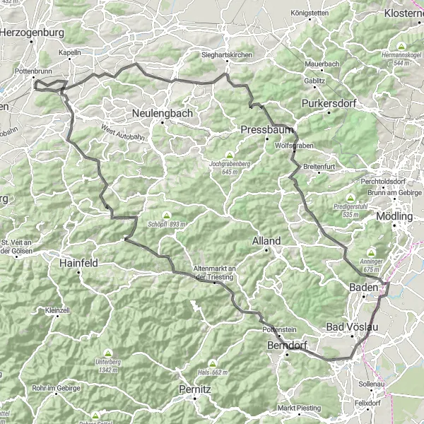 Map miniature of "Würmla - Schloss Rappoltenkirchen - Bihaberg - Gaaden - Harterberg - Hirtenberg - Weinberg - Altenmarkt an der Triesting - Hen﻿dlberg - Kasten bei Böheimkirchen - Hummelberg - Pottenbrunn Road Route" cycling inspiration in Niederösterreich, Austria. Generated by Tarmacs.app cycling route planner