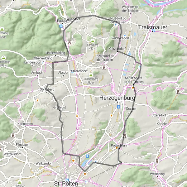 Map miniature of "Scenic Vineyards and Charming Villages" cycling inspiration in Niederösterreich, Austria. Generated by Tarmacs.app cycling route planner