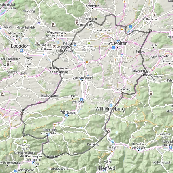 Map miniature of "Pottenbrunn Road Explorer" cycling inspiration in Niederösterreich, Austria. Generated by Tarmacs.app cycling route planner