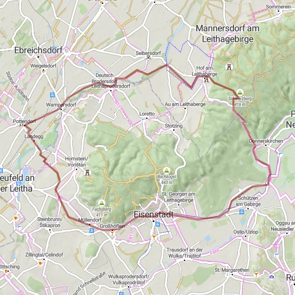 Miniatua del mapa de inspiración ciclista "Ruta de ciclismo de grava alrededor de Pottendorf" en Niederösterreich, Austria. Generado por Tarmacs.app planificador de rutas ciclistas