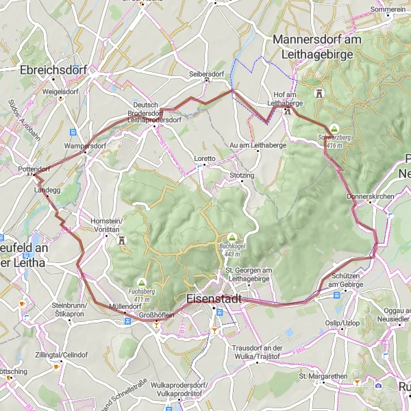 Map miniature of "Scenic Gravel Route to Explore Leithaberg" cycling inspiration in Niederösterreich, Austria. Generated by Tarmacs.app cycling route planner