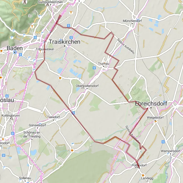 Karttaminiaatyyri "Tattendorfin kiehtova kierros" pyöräilyinspiraatiosta alueella Niederösterreich, Austria. Luotu Tarmacs.app pyöräilyreittisuunnittelijalla