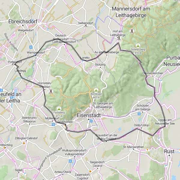 Miniatura della mappa di ispirazione al ciclismo "Giro in bicicletta da Pottendorf a Wimpassing an der Leitha" nella regione di Niederösterreich, Austria. Generata da Tarmacs.app, pianificatore di rotte ciclistiche