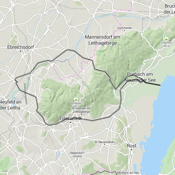 Miniatura della mappa di ispirazione al ciclismo "Giro in bicicletta da Leithaprodersdorf a Hornstein/Vorištan" nella regione di Niederösterreich, Austria. Generata da Tarmacs.app, pianificatore di rotte ciclistiche