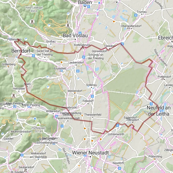 Miniaturekort af cykelinspirationen "Grusveje i det sydlige Niederösterreich" i Niederösterreich, Austria. Genereret af Tarmacs.app cykelruteplanlægger