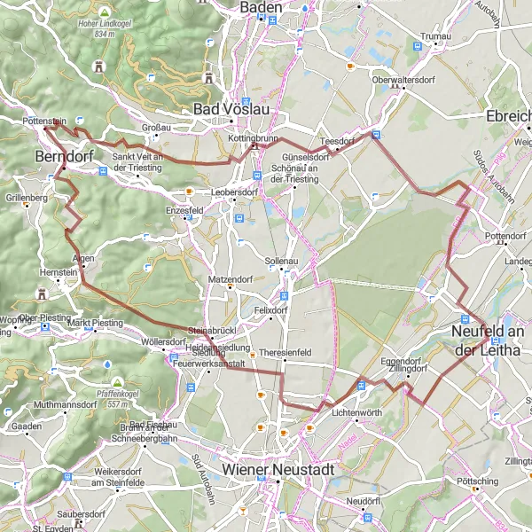 Mapa miniatúra "Gravelová cyklotrasa cez prírodné zaujímavosti" cyklistická inšpirácia v Niederösterreich, Austria. Vygenerované cyklistickým plánovačom trás Tarmacs.app