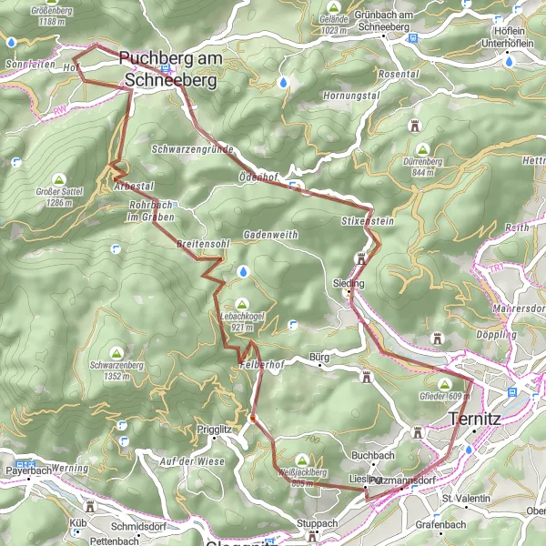 Miniature de la carte de l'inspiration cycliste "Les collines verdoyantes de Pottschach" dans la Niederösterreich, Austria. Générée par le planificateur d'itinéraire cycliste Tarmacs.app