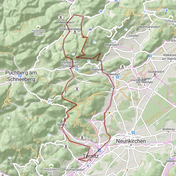 Miniatura della mappa di ispirazione al ciclismo "Rotta avventurosa tra le montagne vicino a Pottschach" nella regione di Niederösterreich, Austria. Generata da Tarmacs.app, pianificatore di rotte ciclistiche