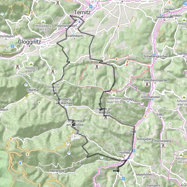 Miniatua del mapa de inspiración ciclista "Ruta Escénica de Carretera alrededor de Pottschach" en Niederösterreich, Austria. Generado por Tarmacs.app planificador de rutas ciclistas