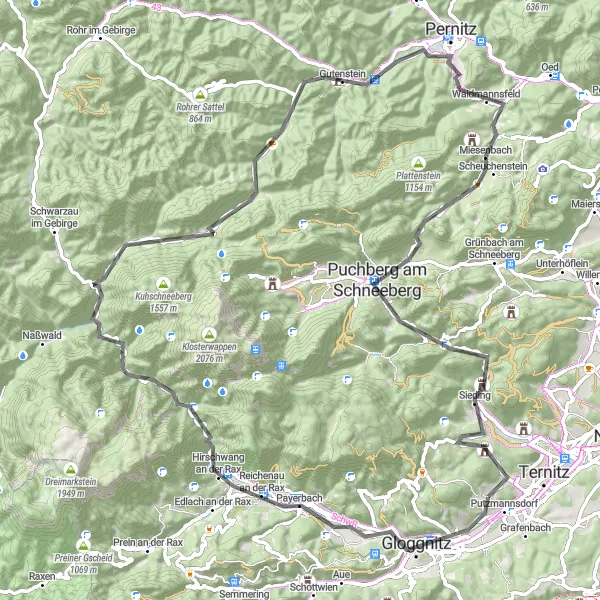 Kartminiatyr av "Silbersberg Loop fra Pottschach" sykkelinspirasjon i Niederösterreich, Austria. Generert av Tarmacs.app sykkelrutoplanlegger