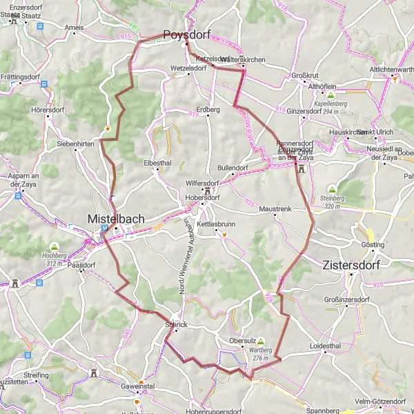 Miniaturní mapa "Poysdorf - Schloss Prinzendorf - Gaiselberg - Niedersulz - Gugelberg - Mistelbach - Goldberg - Kleinhadersdorf Gravel Route" inspirace pro cyklisty v oblasti Niederösterreich, Austria. Vytvořeno pomocí plánovače tras Tarmacs.app
