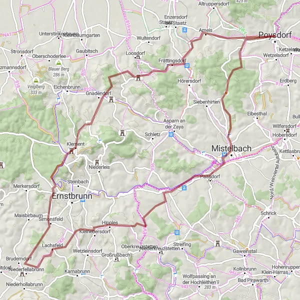 Miniature de la carte de l'inspiration cycliste "Parcours gravel de Poysdorf à Poysdorf" dans la Niederösterreich, Austria. Générée par le planificateur d'itinéraire cycliste Tarmacs.app