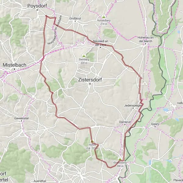 Zemljevid v pomanjšavi "Pustolovščina po makadamskih poteh okoli Poysdorfa" kolesarske inspiracije v Niederösterreich, Austria. Generirano z načrtovalcem kolesarskih poti Tarmacs.app