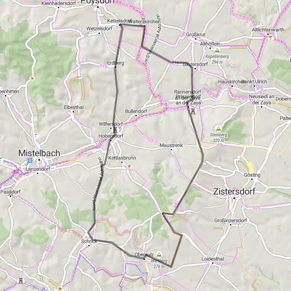 Miniatua del mapa de inspiración ciclista "Tour en bicicleta de carretera por Schloss Walterskirchen y Hobersdorf" en Niederösterreich, Austria. Generado por Tarmacs.app planificador de rutas ciclistas