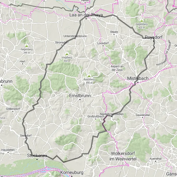 Miniatua del mapa de inspiración ciclista "Sendero por Halmesberg y Steeleberg" en Niederösterreich, Austria. Generado por Tarmacs.app planificador de rutas ciclistas