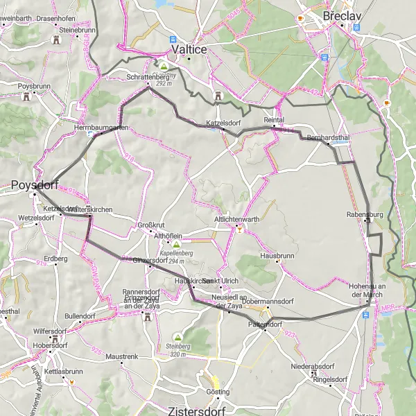 Miniaturní mapa "Zajeďte kousek do Weinviertelu" inspirace pro cyklisty v oblasti Niederösterreich, Austria. Vytvořeno pomocí plánovače tras Tarmacs.app