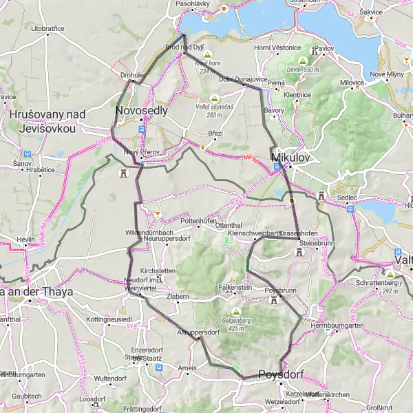 Miniaturní mapa "Neudorf im Weinviertel - Jevišovka - Rozhledna u Křížku - Kraví hora - Dolní Dunajovice - Mikulov - Kreuzberg - Poysdorf Road Route" inspirace pro cyklisty v oblasti Niederösterreich, Austria. Vytvořeno pomocí plánovače tras Tarmacs.app