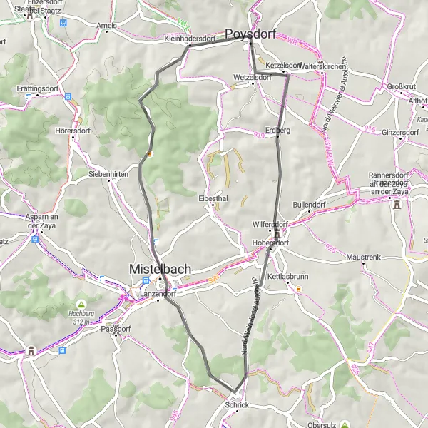 Miniatura mapy "Trasa widokowa do zamku Liechtenstein w Wilfersdorf" - trasy rowerowej w Niederösterreich, Austria. Wygenerowane przez planer tras rowerowych Tarmacs.app