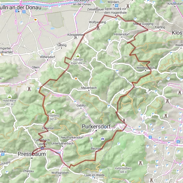 Miniature de la carte de l'inspiration cycliste "La boucle gravillonnée de Pressbaum à travers les collines de Niederösterreich" dans la Niederösterreich, Austria. Générée par le planificateur d'itinéraire cycliste Tarmacs.app