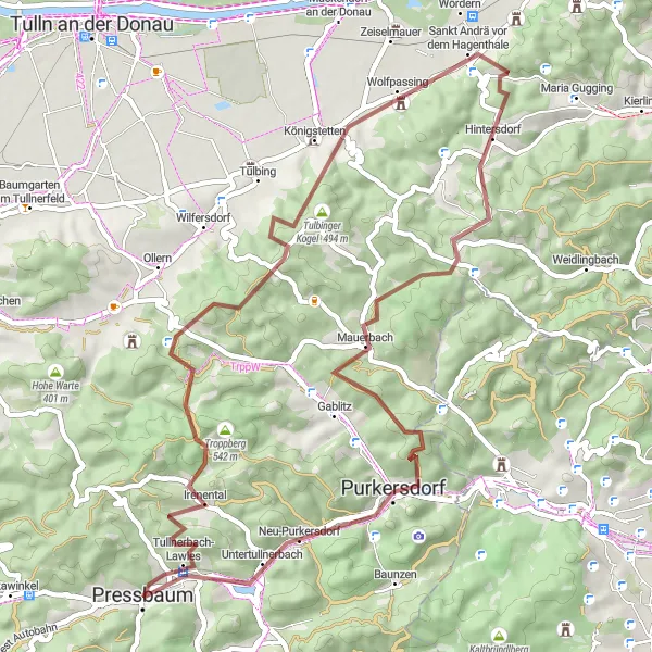 Map miniature of "Gravel Adventure to Troppberg" cycling inspiration in Niederösterreich, Austria. Generated by Tarmacs.app cycling route planner