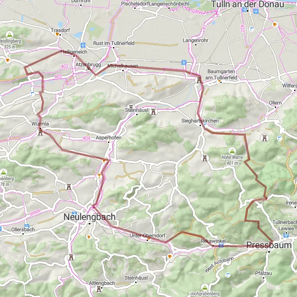 Map miniature of "Sonnberg-Marina Anzbach-Würmla-Schusterberg-Sieghartskirchen-Hinterer Steinberg-Pressbaum Gravel Route" cycling inspiration in Niederösterreich, Austria. Generated by Tarmacs.app cycling route planner