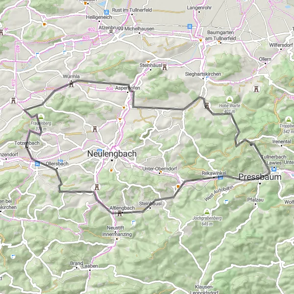 Miniaturní mapa "Cyklo okružní trasa Dürreberg - Rappoltenkirchen" inspirace pro cyklisty v oblasti Niederösterreich, Austria. Vytvořeno pomocí plánovače tras Tarmacs.app