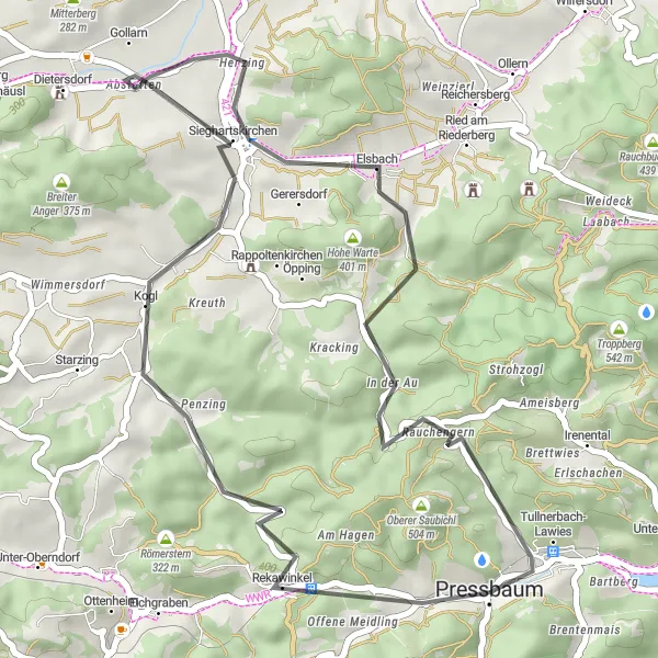 Zemljevid v pomanjšavi "Pressbaum - Tullnerbach-Lawies Loop" kolesarske inspiracije v Niederösterreich, Austria. Generirano z načrtovalcem kolesarskih poti Tarmacs.app