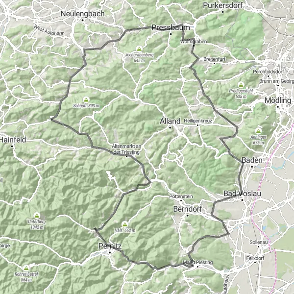 Miniature de la carte de l'inspiration cycliste "Boucle de la Triesting et de la Traisen" dans la Niederösterreich, Austria. Générée par le planificateur d'itinéraire cycliste Tarmacs.app