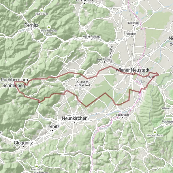 Miniatuurkaart van de fietsinspiratie "Gravelroute naar Würflach en Anzberg" in Niederösterreich, Austria. Gemaakt door de Tarmacs.app fietsrouteplanner