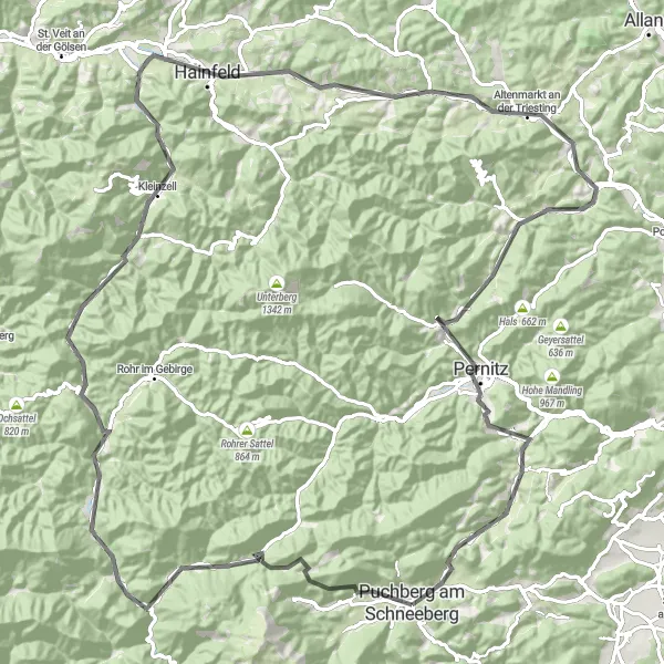 Map miniature of "Schneeberg Challenge" cycling inspiration in Niederösterreich, Austria. Generated by Tarmacs.app cycling route planner