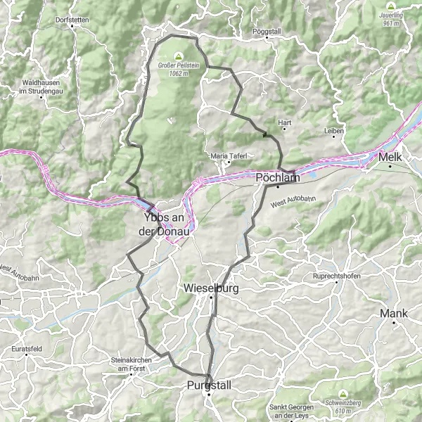 Kartminiatyr av "Historiska byar och gröna kullar" cykelinspiration i Niederösterreich, Austria. Genererad av Tarmacs.app cykelruttplanerare