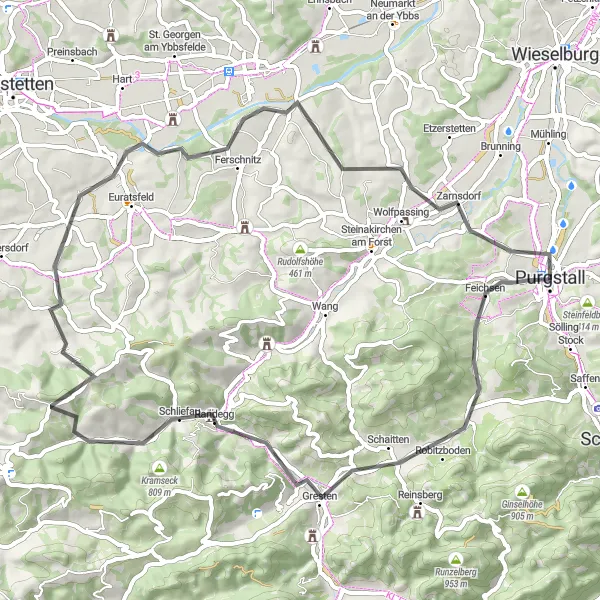 Miniatua del mapa de inspiración ciclista "Ruta de ciclismo en carretera alrededor de Purgstall" en Niederösterreich, Austria. Generado por Tarmacs.app planificador de rutas ciclistas