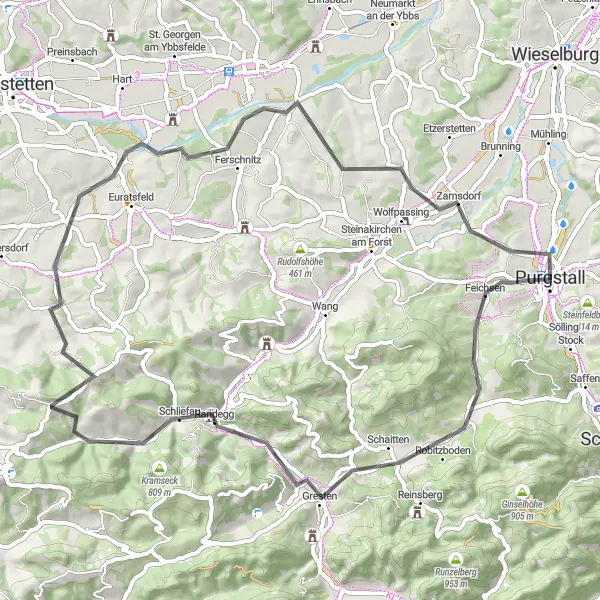 Miniaturekort af cykelinspirationen "Historisk cykelrute gennem Ferschnitz og Gresten" i Niederösterreich, Austria. Genereret af Tarmacs.app cykelruteplanlægger