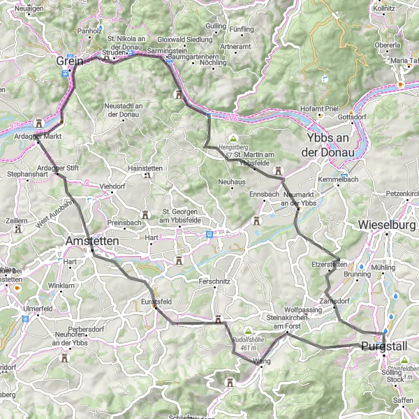 Miniaturní mapa "Projetí kolem okolí Purgstallu" inspirace pro cyklisty v oblasti Niederösterreich, Austria. Vytvořeno pomocí plánovače tras Tarmacs.app