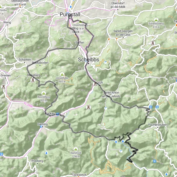 Mapa miniatúra "Cyklotrasa cez Scheibbs a okolie" cyklistická inšpirácia v Niederösterreich, Austria. Vygenerované cyklistickým plánovačom trás Tarmacs.app