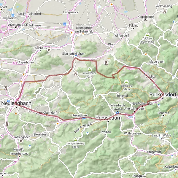 Miniatua del mapa de inspiración ciclista "Ruta de Ciclismo de Grava alrededor de Purkersdorf" en Niederösterreich, Austria. Generado por Tarmacs.app planificador de rutas ciclistas