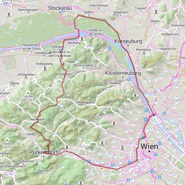 Miniatua del mapa de inspiración ciclista "Ruta Escénica de Grava" en Niederösterreich, Austria. Generado por Tarmacs.app planificador de rutas ciclistas