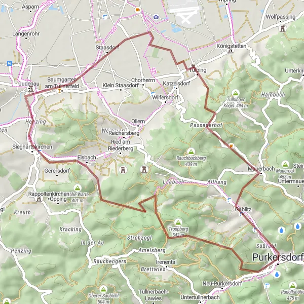 Miniaturní mapa "Gravel Rundweg durch Purkersdorf und Umgebung" inspirace pro cyklisty v oblasti Niederösterreich, Austria. Vytvořeno pomocí plánovače tras Tarmacs.app