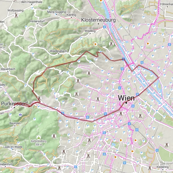 Miniatua del mapa de inspiración ciclista "Ruta de ciclismo de grava por Kahlenberg y Donauturm" en Niederösterreich, Austria. Generado por Tarmacs.app planificador de rutas ciclistas